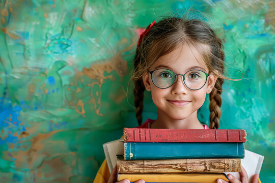 Young girl wearing glasses is holding a stack of books