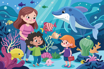 A joyful family explores an underwater aquarium, surrounded by vibrant fish and friendly sea creatures, creating a fun educational experience for kids.