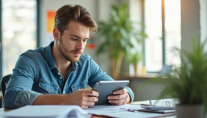 Focused young man using a tablet in a bright, modern workspace