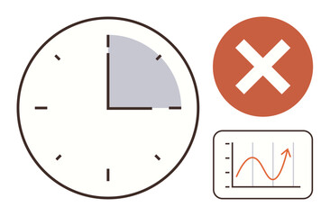 Fototapeta premium Clock highlighting a quarter section, red cross for error, and rising graph chart. Ideal for deadline, productivity, decision-making, failure, analysis, time tracking simple flat metaphor