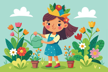Illustration of a cheerful young girl watering flowers in a vibrant garden setting. Perfect for themes of nature, childhood, and gardening.