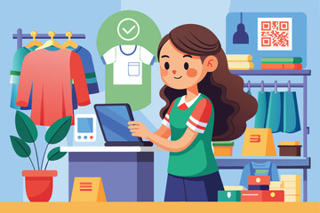 Illustration of a smiling woman at a retail clothing store counter, interacting with a touchscreen device. Shelves display colorful clothes, creating a vibrant shopping atmosphere.
