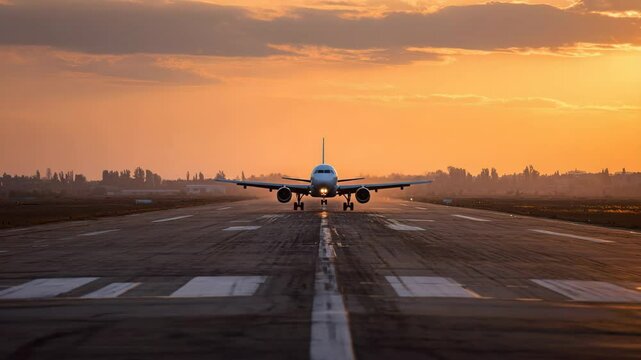 Airplane takes off at sunset over a tranquil runway