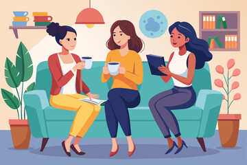 Three women engage in a lively conversation while sipping coffee on a comfortable couch. The scene depicts friendship, relaxation, and a casual yet joyful meeting in a home like setting.