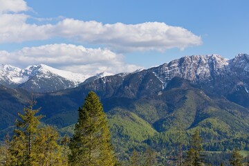 Snow-capped mountains stretch behind forested hills and sunlit greenery; crisp sky adds clarity to the peaceful alpine scene.
