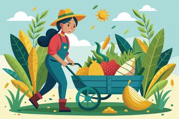 Illustration of a cheerful farmer pushing a wheelbarrow loaded with diverse fresh vegetables and fruits, symbolizing harvest, agriculture, and the joy of farming outdoors.