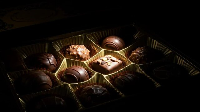 Chocolates in a box alluringly illuminated