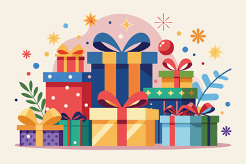 Illustration of vibrant gift boxes with decorative bows, surrounded by festive elements like stars and leaves, conveying joy and celebration. Ideal for holiday, birthday, or special occasion themes.