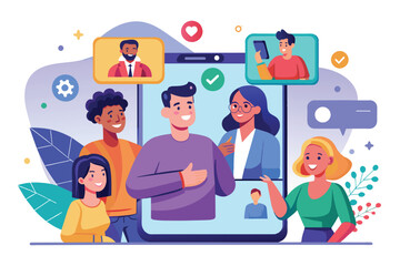 Illustration depicting a diverse group of colleagues participating in a video conference via a tablet. The setting reflects teamwork, connectivity, and modern business interactions in a digital space.