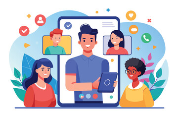 Illustration of a diverse team engaging in a virtual meeting. Features group video chat on digital devices, symbolizing communication and teamwork in a modern business setting.