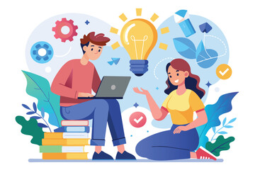 Illustration depicting a creative brainstorming session with two people collaborating. A light bulb signifies innovation and ideas. Surrounded by symbols of teamwork, growth, and learning.