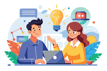 Colorful illustration of two people engaging in a creative brainstorming session. Symbols represent innovation, teamwork, and ideas in a dynamic, modern style.