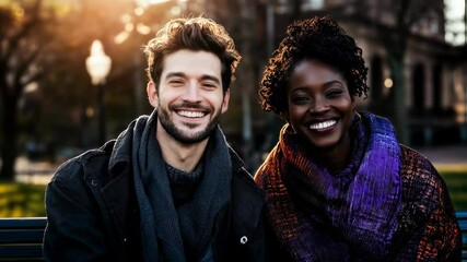 Joyful urban evening with smiling couple in vibrant clothing and warm sunset glow - Powered by Adobe