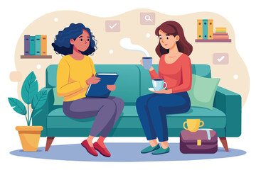 Two women enjoying a friendly conversation over coffee in a relaxed living room setting, surrounded by books and plants. The atmosphere is warm and inviting, symbolizing friendship and comfort.