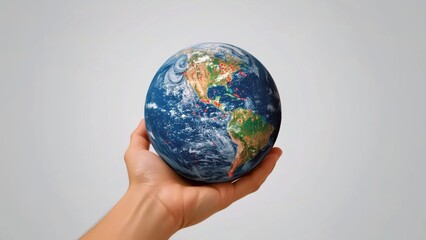 Planet Population. Hand holding Earth globe blue green planet environm