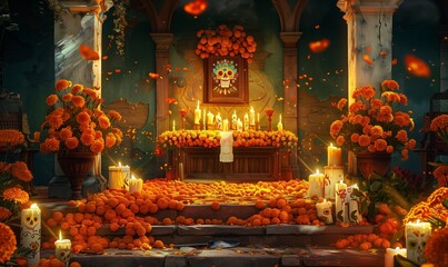 beautifully arranged altar with marigold petals scattered over an ofrenda, surrounded by candles