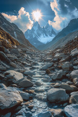 A mysterious resin seeping from the cracks of ancient Himalayan mountains in summer heat, high altitude, rocky terrain, sacred atmosphere
