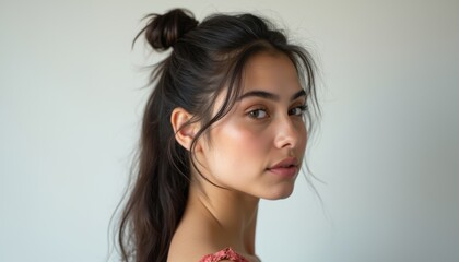 Elegant young woman with a stylish bun hairstyle
