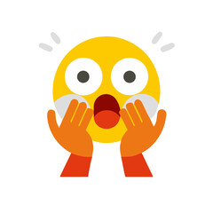A Cartoonish Emoji Displaying Shock and Surprise, Featuring Wide Eyes and Hands Raised in Exaggerated Fear, Presented on a Transparent Canvas for Versatile Use