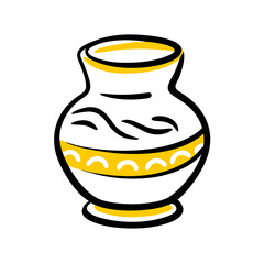 A Cartoon Vase with Yellow Accents on a Transparent Background, Showcasing Pottery and Decorative Art in a Simple and Clean Graphic Style