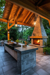 Outdoor kitchen countertop styled like natural stone, in a modern summer gazebo with a fireplace