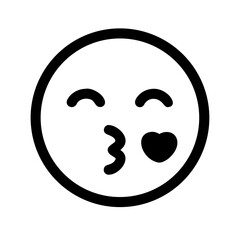 Expressive Kissing Face Emoji Icon with Heart Detail, Black Outline on Transparent Backdrop, Ideal for Digital Communication and Social Media Design Projects