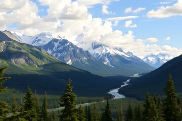 Snowy mountains of Alaska, landscape with forests, valleys, and rivers in daytime. Serene wilderness nature composition background wallpaper, travel destination, adventure outdoors