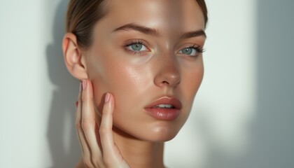 Fototapeta premium Radiant close-up of a woman with flawless skin and captivating blue eyes