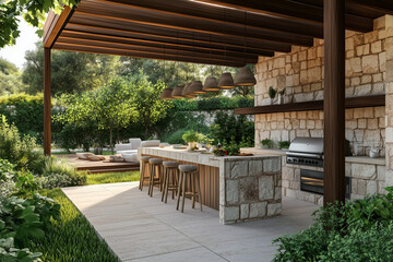 Outdoor kitchen countertop styled like natural stone, in a modern summer gazebo with a fireplace
