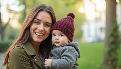 Fototapeta premium Joyful mother holding her adorable baby in a cozy outdoor setting