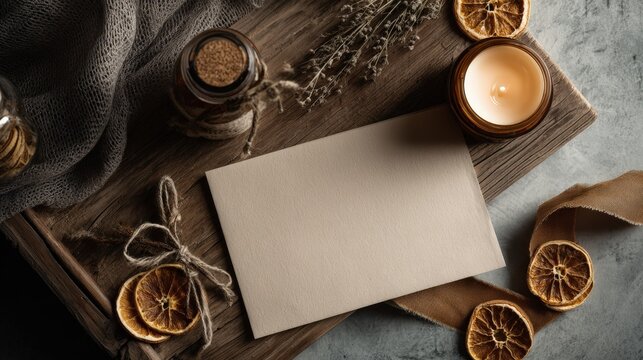 Cozy autumn mockup featuring a blank kraft flyer with rustic decor on a warm wooden surface