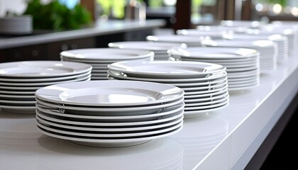 Stacks of white plates on a counter