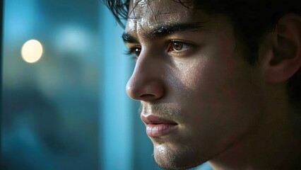 HIV Symptoms. Close up of thoughtful young man with dark hair looking 
