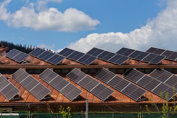 Solar panels line the reddish-brown tiled roof in angled rows, surrounded by greenery and a partly...