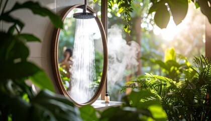 Steam rising from a shower, lush plants, and a mirror