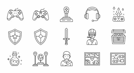 Gaming Icons Set Controller Joystick Headset Shields Sword Map Chest.
