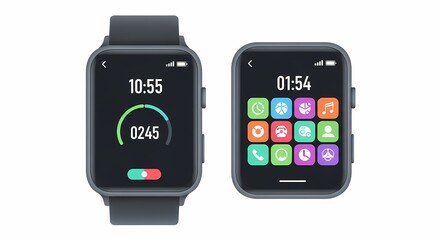 Fototapeta premium Smartwatch Duo Displaying Fitness Tracking and App Interface on White Background.