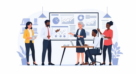 Diverse Business Team Presenting Data Analysis on Whiteboard Modern Illustration.