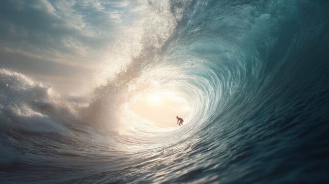 A surfer inside a giant wave at sunset.
A lone surfer is racing along the tube of a powerful ocean shaft illuminated by sunset light. A dramatic moment full of energy, freedom and harmony with nature. - Powered by Adobe