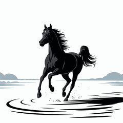 Elegant Black Horse Galloping Through Water with Grace and Power a Stunning Vector Illustration of Equine Beauty and Strength in Motion