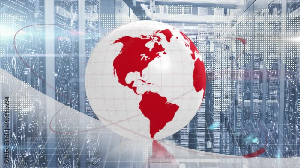 Poster red orbital arc initiating 3d globe rotating left in data-center corridor with holographic map