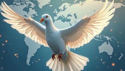 Majestic white dove soaring against a world map backdrop