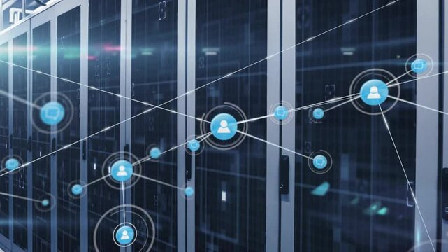 User icon fading in activating network graph expanding over data racks showing digital connectivity