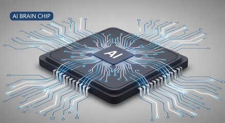 Futuristic AI Brain Chip with Glowing Circuitry on Gray Background.