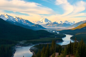 Snowy mountains of Alaska, landscape with forests, valleys, and rivers in daytime. Serene wilderness nature composition background wallpaper, travel destination, adventure outdoors