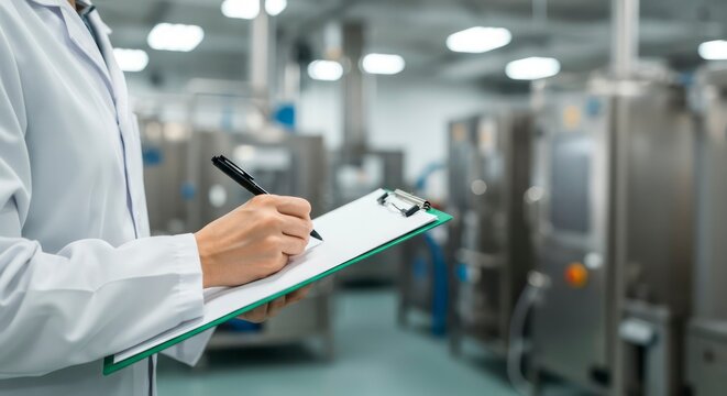 Quality Control Inspector Conducting Industrial Inspection in Factory Using Clipboard for Checklist Documentation in Modern Manufacturing Plant - Powered by Adobe
