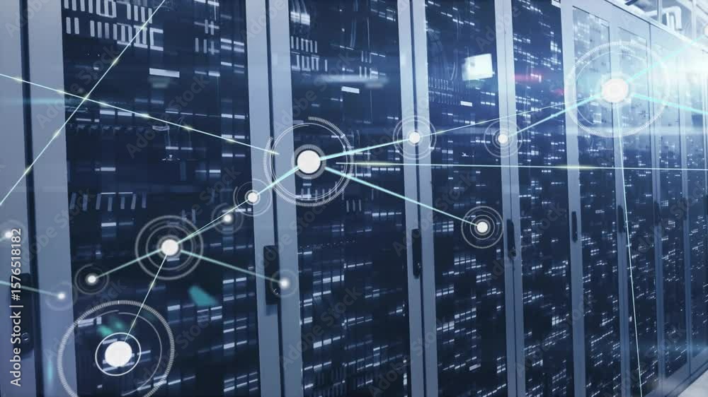 Poster appearing glowing node sending lines to new nodes showing network growth over server racks