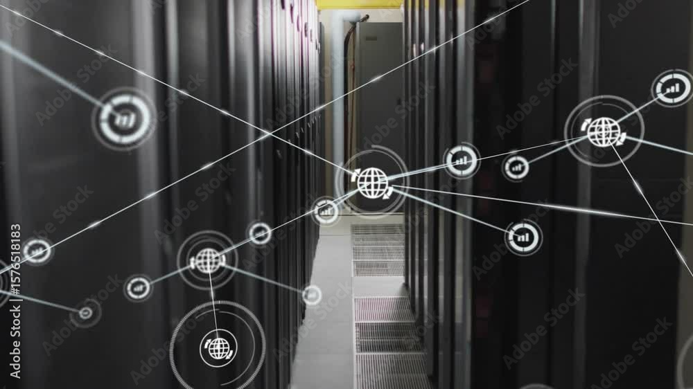 Poster globe icon emerging in server corridor sending lines and building nodes visualizing digital network