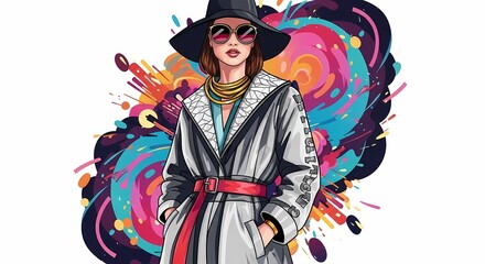 Stylish Woman in Hat and Sunglasses with Abstract Colorful Background.