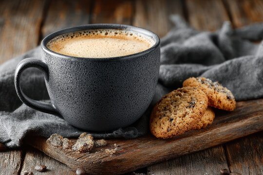 Cup of coffee and oatmeal cookies on wooden board in morning light creates a relaxing atmosphere - Powered by Adobe